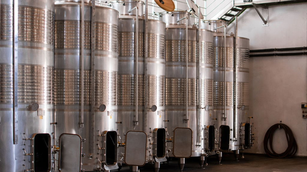 Row of large metallic wine storage tanks in a winery.