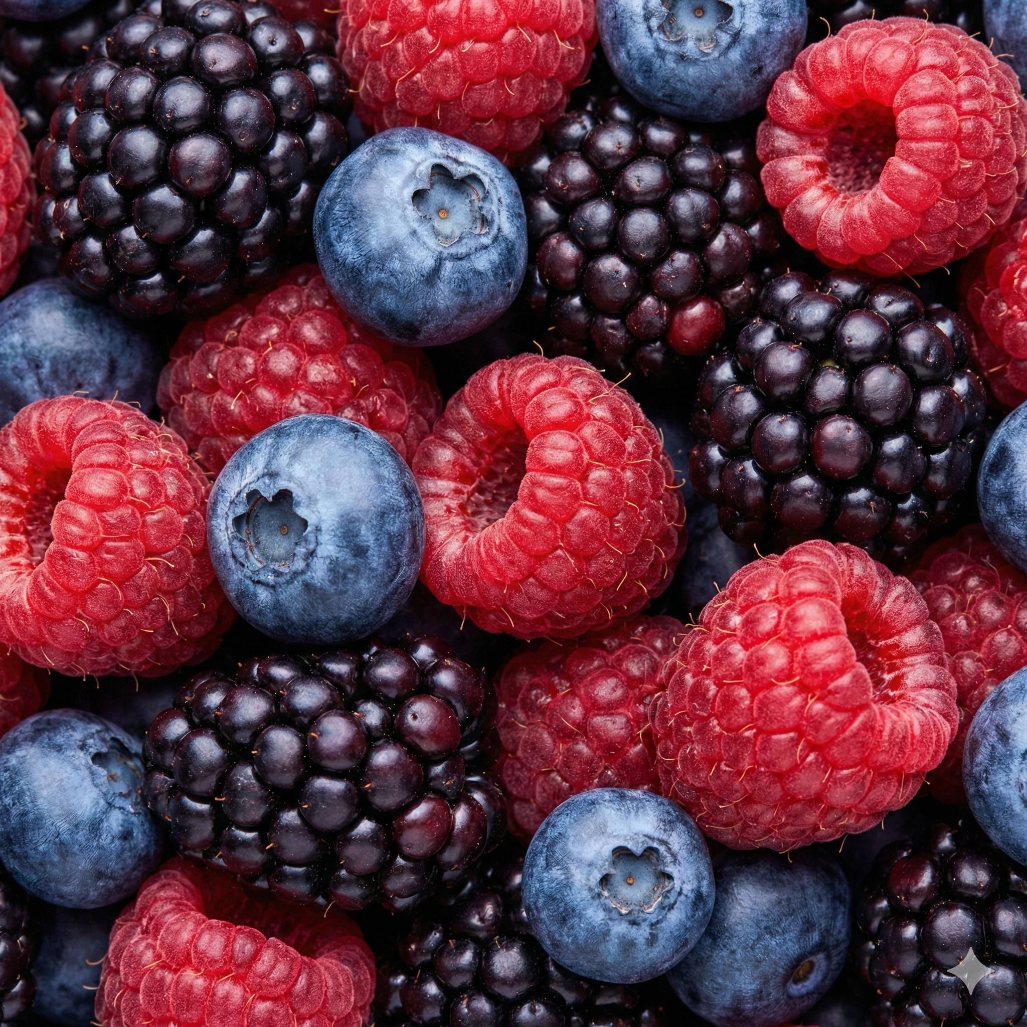 Assorted berries including raspberries, blueberries, and blackberries.